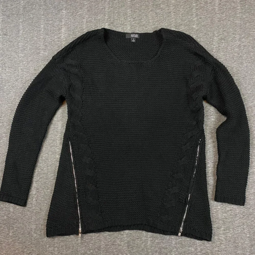 A.N.A‎ Black Knit Sweater Side Zippers Cable Detail Long Sleeve Size Medium